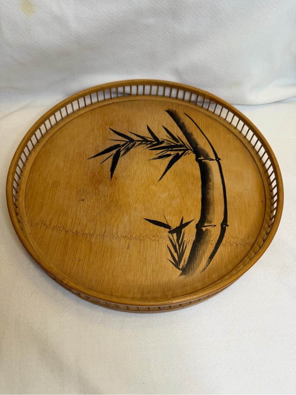 Vintage N.B.W. Bamboo-Ware Hand-Painted Round Serving Tray, 12” Mid-Century